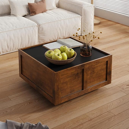 Farmhouse Coffee Table with 2 Storage Drawers for Living Room Square Center Middle Table Modern Cocktail Table Contemporary Mid Century Wood Home Office Waiting Room, Black Rustic