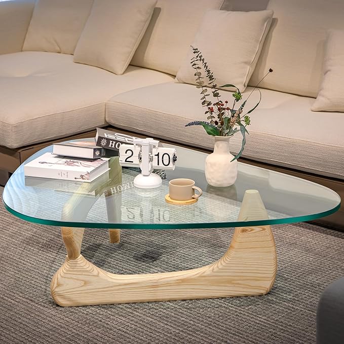 Noguchi Triangle Glass Coffee Table with Solid Wood Base, Vintage Clear Glass Top Modern Design for Living Room, Patio, Study, White Ash