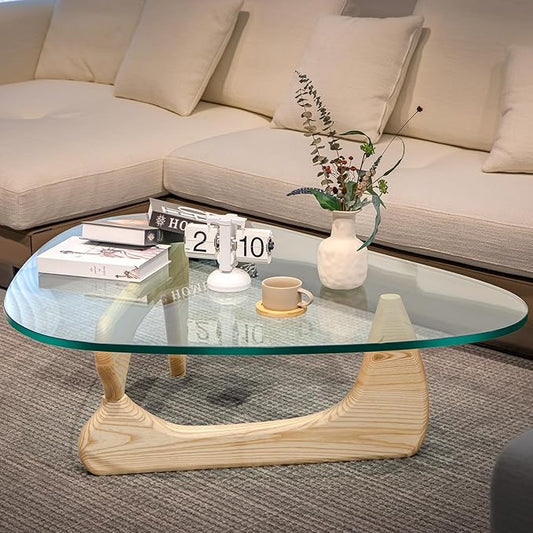 Noguchi Triangle Glass Coffee Table with Solid Wood Base, Vintage Clear Glass Top Modern Design for Living Room, Patio, Study, White Ash