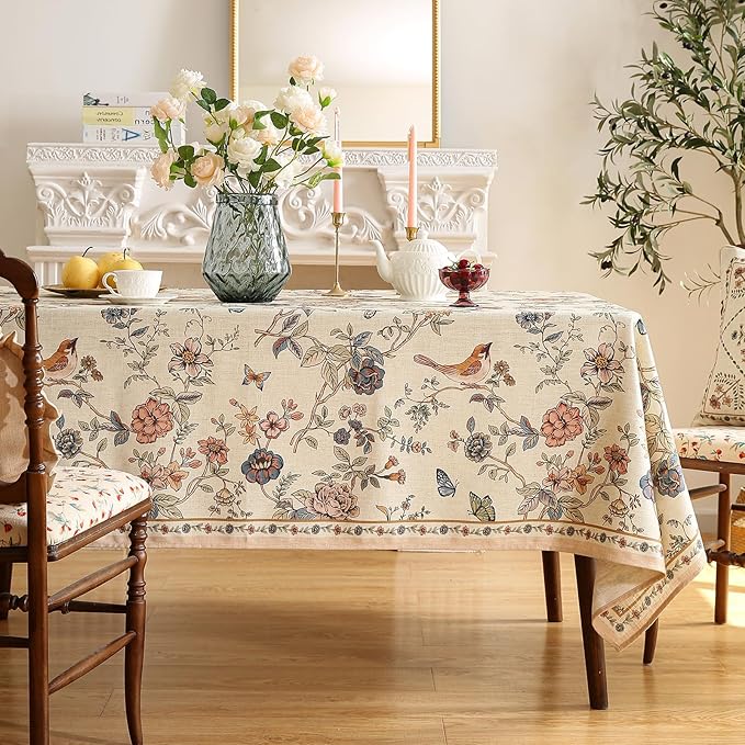Designer French Light Beige Table Cloth for Rectangle Table,Linen Florals and Birds Pattern Tablecloth,Durable Decorative Tablecloths for Dining Thanksgiving Kitchen,55"*79"-Cornucopia