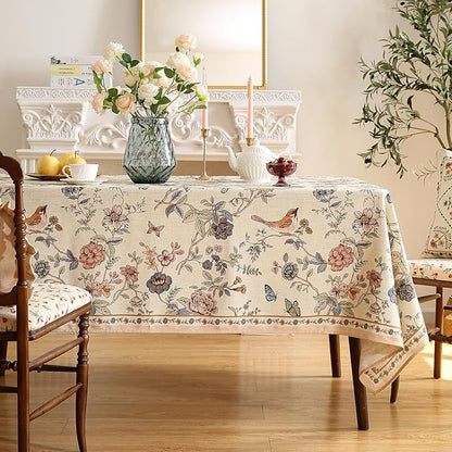 Designer French Light Beige Small Square Tablecloth,Linen Florals and Birds Pattern Table Cloth,Anti-Wrinkle Decorative Tablecloths for Dining Thanksgiving Kitchen,55"*55"-Cornucopia