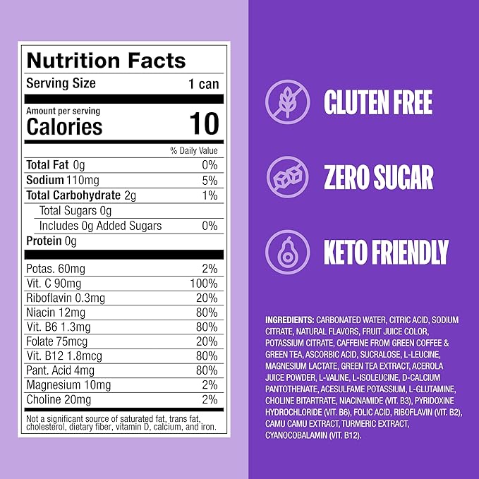 ZOA Zero Sugar Energy Drinks, Frosted Grape - Sugar Free with Electrolytes, Healthy Vitamin C, Amino Acids, Essential B-Vitamins, and Caffeine from Green Tea - 12 Fl Oz (12-Pack)