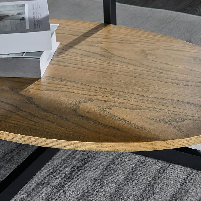 Solid Wood Oval Coffee Table with Cross Metal Legs, 43.3in Modern Industrail Center Table with Open Shelf Cocktail Tea Table for Living Room Bedroom, Rustic Nature 1811