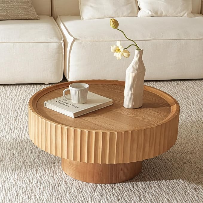 Round Wood Coffee Table - Wooden, Ribbed-Design, 30.3" Dia, 14.9" H Living Room Table, Center Table Simple Modern Style for Home Living Room Furniture (Nature Wood, 30.3''L×14.9''H)