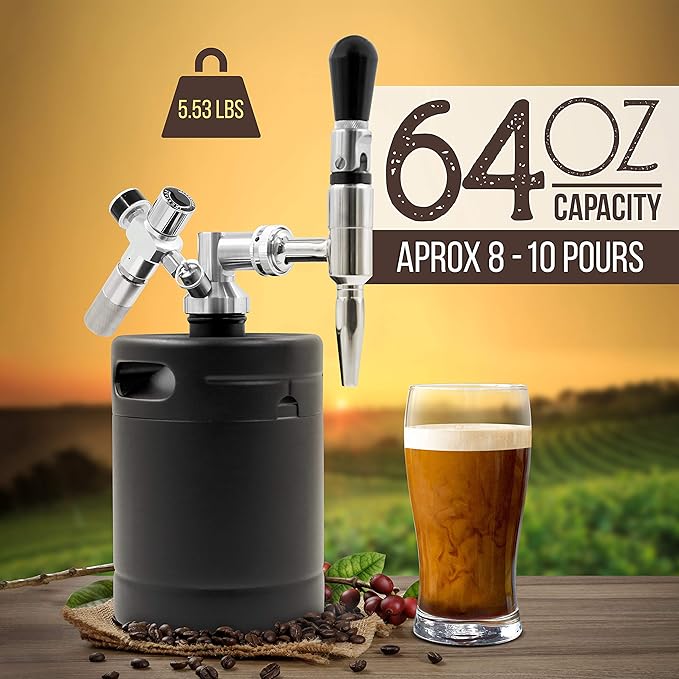 NutriChef Nitro Cold Brew Coffee Maker - 64Oz Stainless Steel Home Brew Coffee Keg w/Adjustable Pressure Regulator, Nitrogen Coffee Growler Machine Dispenser System, Stout Creamer Faucet NCNTROCB20