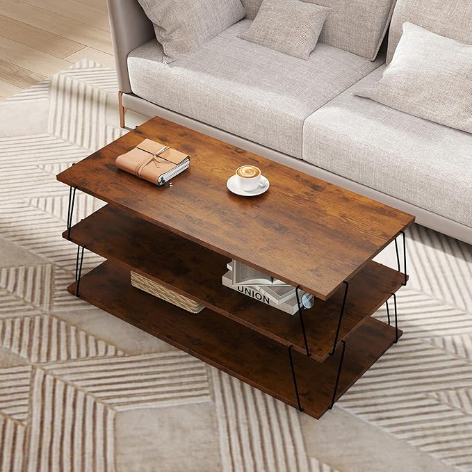 Coffee Table, 40" Center Table with Storage Shelf, Rectangle Coffee Table, for Living Room, Toolless, Easy Assembly, Simple Style, Rustic Brown (Classic)