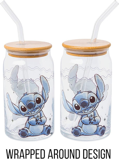 Silver Buffalo Disney Lilo and Stitch Sitting Glass Jar Tumbler with Bamboo Lid and Glass Straw, 16 Ounces
