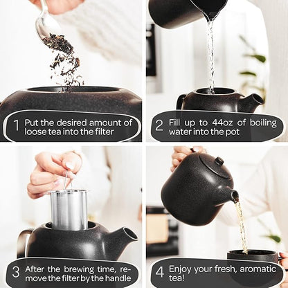 Steinzeit Design Tea Pot with Warmer (44 oz) - Premium Ceramic Teapot with Infuser for Loose Tea - Black Teapot Ceramic with Removable Steamer