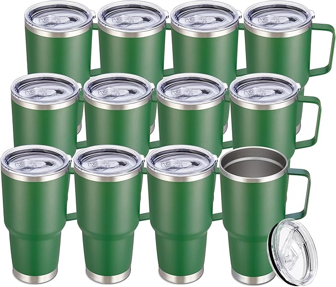 30 oz Tumbler with Handle and Lid, Stainless Steel Tumblers Bulk Double Wall Vacuum Insulated Travel Mug Leak Proof Cup Keep Drinks Cold and Hot Dark Green, 12 Pack