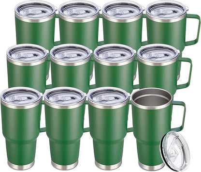 30 oz Tumbler with Handle and Lid, Stainless Steel Tumblers Bulk Double Wall Vacuum Insulated Travel Mug Leak Proof Cup Keep Drinks Cold and Hot Dark Green, 12 Pack