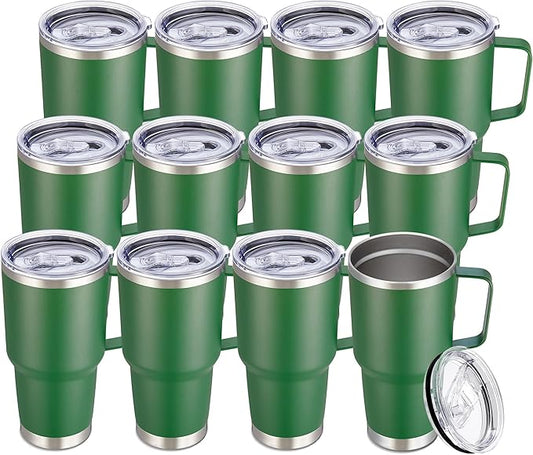 30 oz Tumbler with Handle and Lid, Stainless Steel Tumblers Bulk Double Wall Vacuum Insulated Travel Mug Leak Proof Cup Keep Drinks Cold and Hot Dark Green, 12 Pack