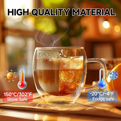 6 Ounces Set of 4 Double Walled Glass Coffee Mugs with Handle Insulated Layer Coffee Cups Borosilicate Glass Espresso Double Insulated Clear Glass Coffee Mug for Hot Beverages