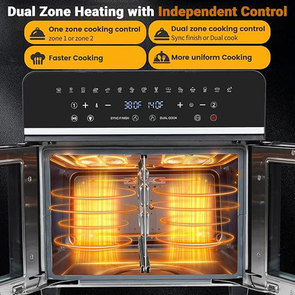 24Qt Large Air Fryer Toaster Oven Combo - French Double Door Airfryer, 15 Cooking Functions Touch Dual Zone Independent Control Electric Oven, Stainless Steel Air Fryers Oven 13 Accessories & Cookbook