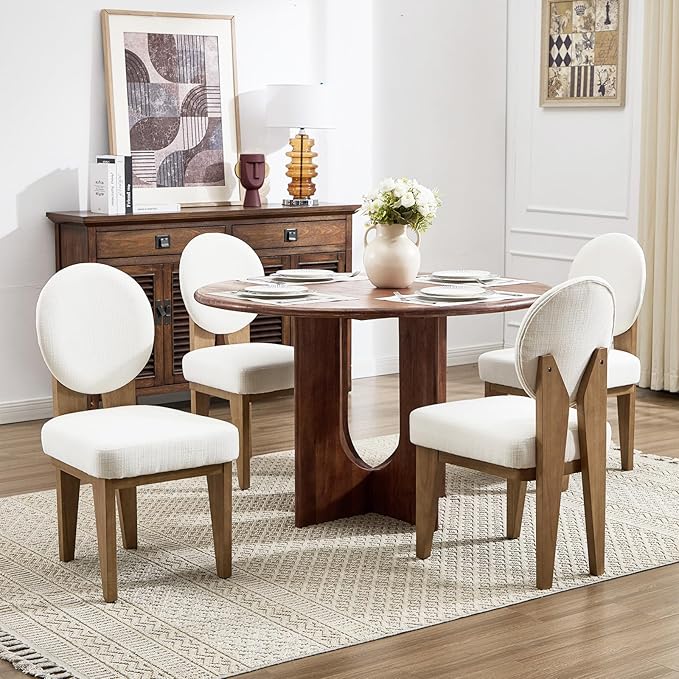 Mid-Century Modern Walnut Dining Chairs Set of 4, Vintage White Wooden Kitchen Chairs, Retro Upholstered Linen Cushioned Seat with Curved Backrest, Armless Accent Side Chair for Bedroom