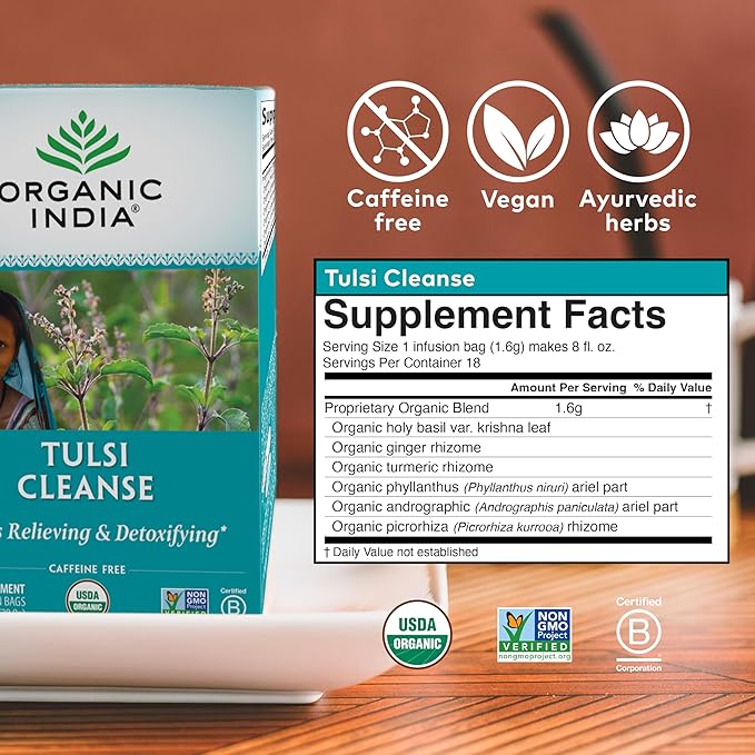 ORGANIC INDIA Tulsi Cleanse Tea - Holy Basil, Ginger, Turmeric, Herbal Tea, Stress Relieving & Cleansing, Immune Support, Adaptogen, Organic, Non-GMO, Caffeine-Free - 18 Infusion Bags, 3 Pack