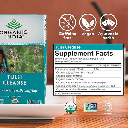 ORGANIC INDIA Tulsi Cleanse Tea - Holy Basil, Ginger, Turmeric, Herbal Tea, Stress Relieving & Cleansing, Immune Support, Adaptogen, Organic, Non-GMO, Caffeine-Free - 18 Infusion Bags, 3 Pack