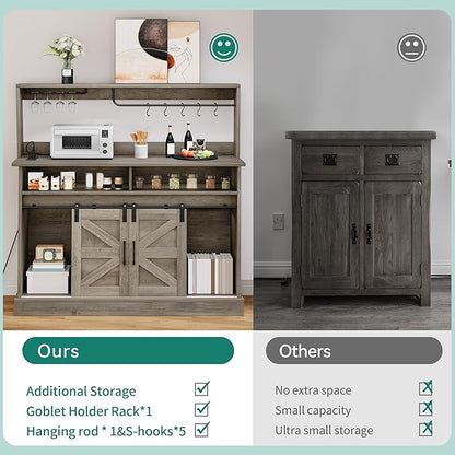 YITAHOME 52" Farmhouse Coffee Bar, Buffet Cabinet with Storage, Sliding Barn Door, Sideboard Cabinet with Goblet Holder, 5 Hooks and Power Outlets for Kitchen, Living Room (Rustic Grey Oak)