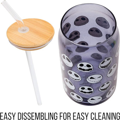 Silver Buffalo Disney Tim Burton Nightmare Before Christmas Jack Skellington Expressions Gray Glass Jar Tumbler with Bamboo Lid and Glass Straw, 16 Ounces