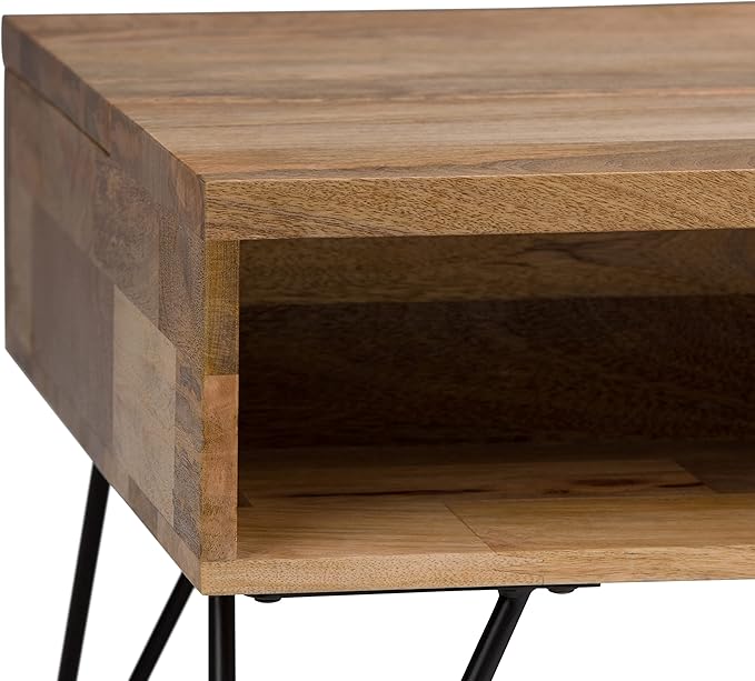 SIMPLIHOME Hunter Lift Top Coffee Table - 48 inch Wide Solid Mango Wood and Metal Industrial Cocktail Table in Natural, Functional Living Room Table with 2 Storage Cubbies and Hairpin Legs
