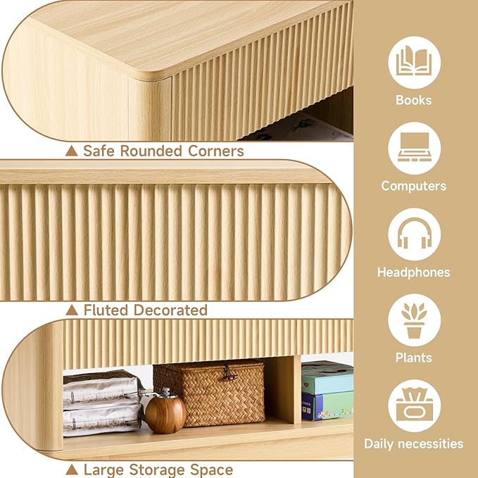 Farmhouse Lift Top Coffee Table, Mid Century Modern Coffee Table with Hidden Storage Compartment, Fluted Rising Pull up Wood Modern Center for Living Room, Office, Natural Oak