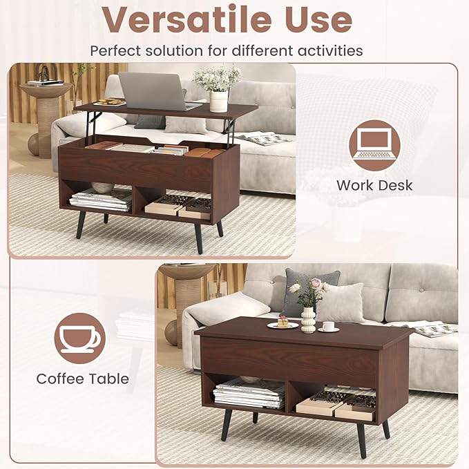 Tangkula Lift Top Coffee Table, Modern Cocktail Table with Hidden Compartment & 2 Open Shelves, Flip Top Center Table, Wooden Pull up Coffee Table for Living Room, Reception Room, Office (Brown)