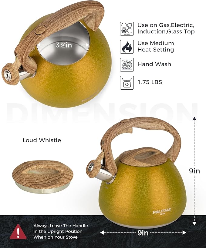 POLIVIAR Tea Kettle, 2.7 Quart Stovetop Tea Kettle, Audible Whistling Teapot with Crackle Finish, Food Grade Stainless Steel for Anti-Rust, Anti Hot Handle, Suitable for All Heat Sources (JX2023-LRY)
