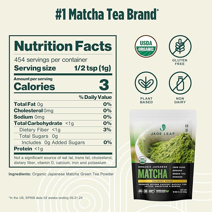 Jade Leaf Matcha Organic Culinary Grade Green Tea Powder - Farm Direct Second Harvest for Blending and Cooking - Authentic Japanese Origin (1 Pound Bulk Resealble Pouch)