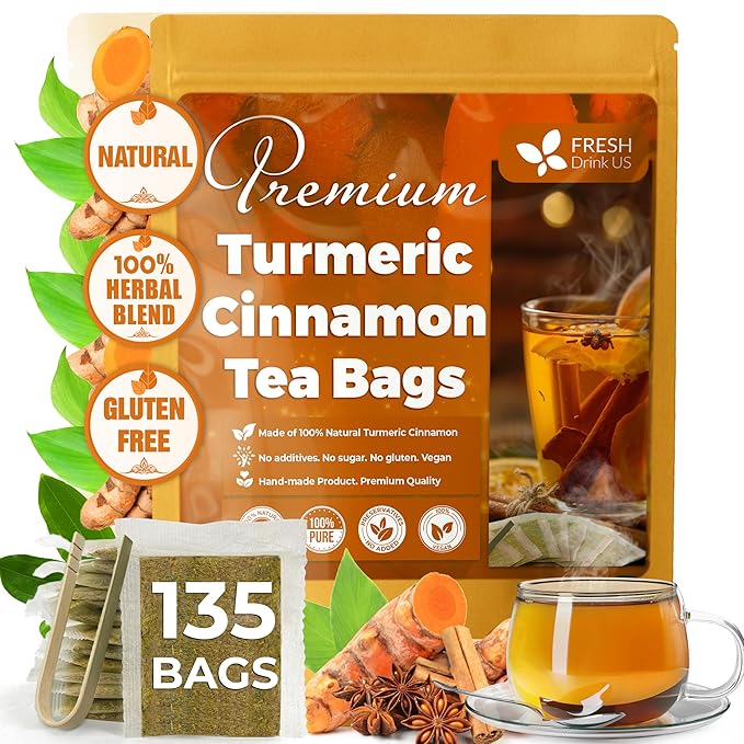 FreshDrinkUS, Premium 135 Turmeric Cinnamon Tea Bags, 100% Natural, Blend of Turmeric, and Cinnamon. Made with Natural Material Tea Bags. No Sugar. No Caffeine. Vegan.