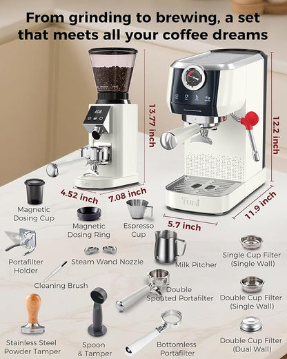 Tuni E2 58mm Dual Boiler Espresso Machine and G1 Ivory 48 Grinding Settings Conical Burr Coffee Grinder with Bottomless Portalfilter Combo (E2 with Upgrade Kit)