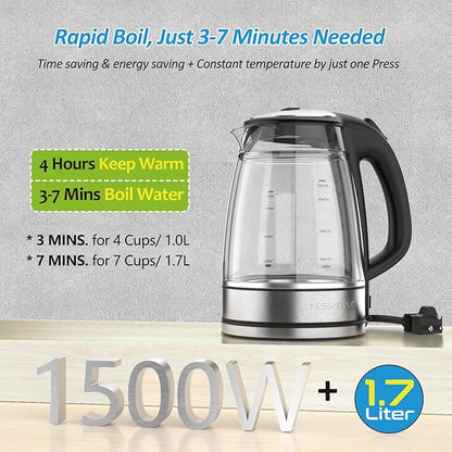 Glass & Stainless Steel Cordless Electric kettle for boiling water, Hot water boiler Electric Tea Kettle automatic shut off Boil-Dry Protection, PC Outer + Glass Inner, 1500W, 1.7L, BK