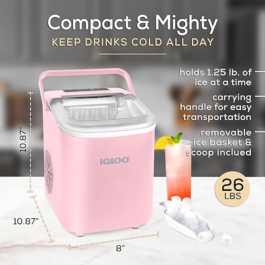 Igloo 26-Pound Automatic Self-Cleaning Portable Countertop Ice Maker Machine with Handle, Pink