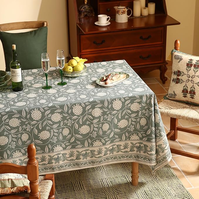 Designer Grayish Green Linen Rectangular Tablecloth,Floral Stain Resistant Table Cloth,Fall Vintage Decor Tablecloths for Dining Thanksgiving Kitchen Party,55"*79"-Andrew A