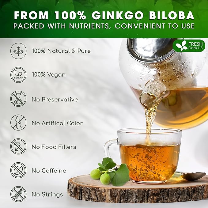 FreshDrinkUS, Premium 30 Ginkgo Biloba Leaf Tea Bags, 100% Natural & Pure from Ginkgo Biloba Leaves. Loose Leaf Herbal Tea. Made with Eco-Conscious Tea Bags. No Sugar, No Caffeine, No Gluten, Vegan.