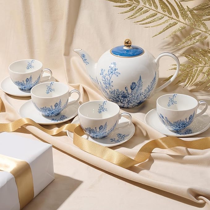 Tea Sets for Women Gift, Blue Porcelain Tea Set, 37 oz Large Teapot Set with Infuser,Tea Cups and Saucers for 4 in European Style, Tea Gift Sets for Holidays