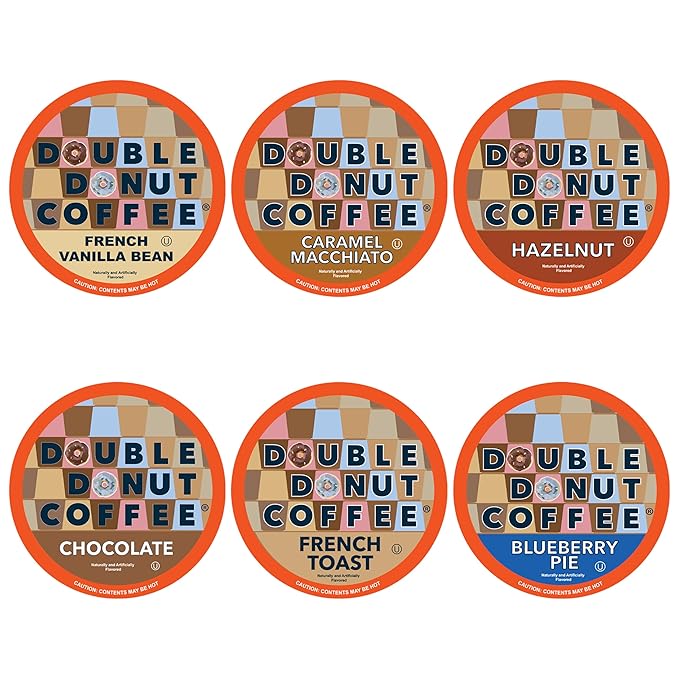 Double Donut Coffee Variety Pack Assorted Medium Roast, Dark Roast & Flavored Coffee in Recyclable Single Serve Cup, 48 Count