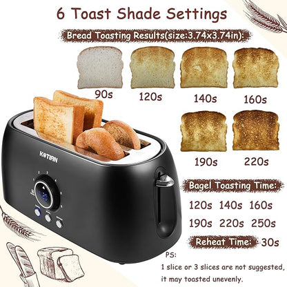 Toaster 4 Slice,KOTIAN Retro Long Slot Toasters with Countdown Timer,Stainless Steel Toaster,Bagel,Defrost,Reheat,Cancel Functions,Extra Wide Slots,6 Toast Settings,Removable Crumbs Tray,Matte black