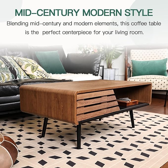 Wood Rectangle Coffee Table with Storage, Mid Century Modern Coffee Table, Living Room Center Table for Home, Apartment, Office, Walnut/Black
