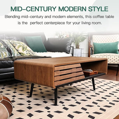 Wood Rectangle Coffee Table with Storage, Mid Century Modern Coffee Table, Living Room Center Table for Home, Apartment, Office, Walnut/Black