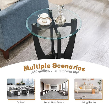 Glass End Table, 23.5" Round Side Tables with Tempered Glass Top Cross and Solid Wood Base Small Night Stand for Living Room Office Apartment Black