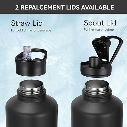 HASLE OUTFITTERS Half Gallon Insulated Water Bottles 64 oz, Stainless Steel Metal Water Jug with 2 Lids Keep Cold 48h/Hot 24h, Leak Proof & BPA-Free Water Flask Jug(Black,1)