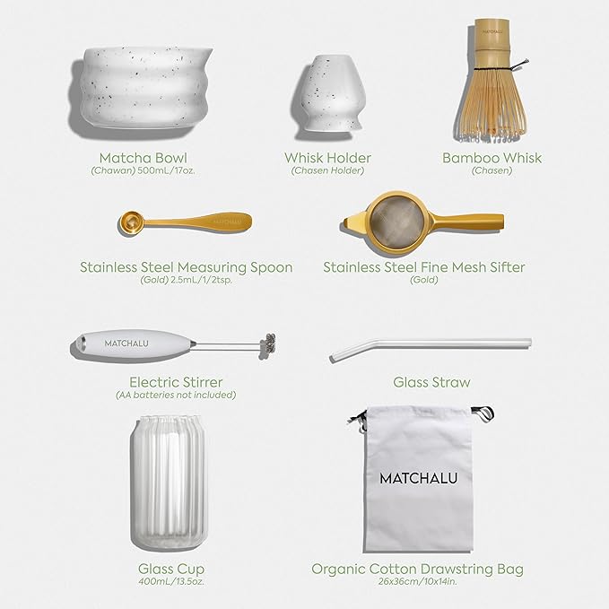 Premium 9 Piece Matcha Set With Ceramic Matcha Bowl, Bamboo Whisk & Holder, Stainless Steel Spoon & Sifter, Glass Cup & Straw, Electric Frother, Storage Bag - Gift for Matcha Lovers (White)