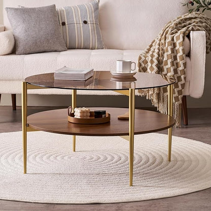 Round Coffee Table, Mid-Century Modern Design, D30 x H17, for Living Room, 2-Tier Structure, Amber Glass Top and Walnut MDF Shelf, Sleek Conical Metal Legs with Gold Finish