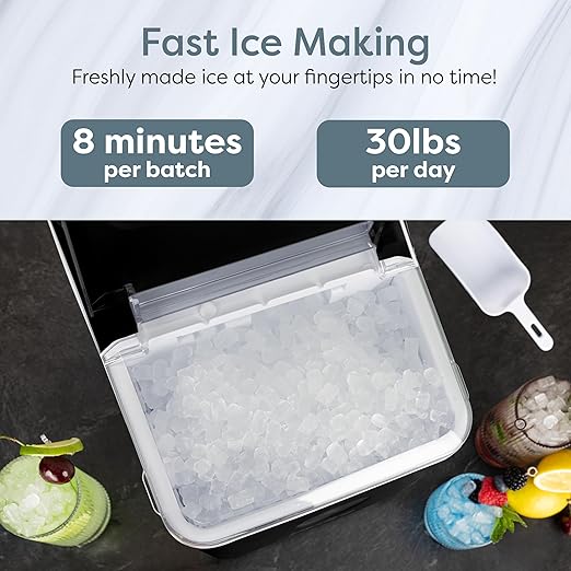 Igloo Countertop Nugget Ice Maker, Produces 30 Pounds Daily First Batch in 8 Minutes, 1.75-Capacity Removable Basket and 1.5-Quart Water Tank, Automatic Cleaning, Black