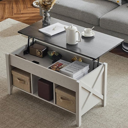 VINGLI Lift Top Coffee Table, Charcoal Top with White Frame, Farmhouse Cross-Sided Design, with Storage Shelf/Hidden Compartment, Gas Lift Mesa De Centro para Sala Pop Up Coffee Table