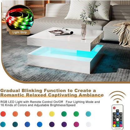 LED Coffee Table for Living Room, Living Room Table 2-Tier Square Center Table, Modern High Glossy Wood Coffee Tables with Storage, 15.7" Tall Tables for Dining Reception, White