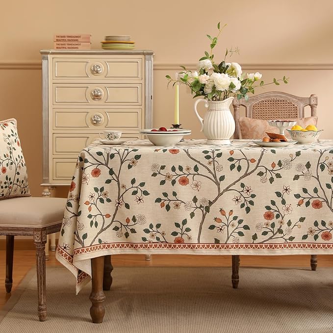 Designer Floral Extra Long Rectangle Tablecloth,French Linen Light Beige Indoor Table Cloth,Fall Wrinkle Resistant Decor Tablecloths for Dining Thanksgiving Kitchen,63"*110"-Flora A