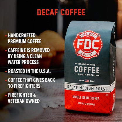 Fire Department Coffee - Gives Back to Firefighters - Premium Whole Bean Decaf Coffee - Roasted in the USA - Decaffeinated Using Natural Mountain Water - Veteran Owned -12 oz