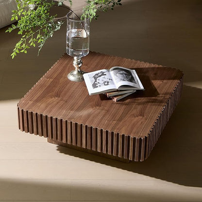 KEVINSPACE Square Wood Coffee Table, Fluted CoffeeTable Handcraft Drum TeaTable CenterTable for Living Room, Modern Wooden CocktailTable for Small Space, Easy Assembly 35.43" 15.75" H Walnut