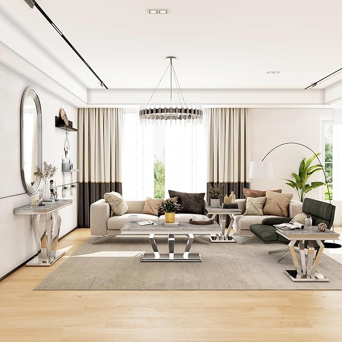 Coffee Table Set, 48 inches Modern Silver Coffee Table with 4 Geometric Mirrored Bases and Rectangular Silver Console Table with Gray Top for Living Room (Coffee Table + Console Table)