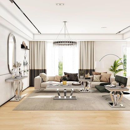 3 Piece Living Room Table Set, Luxury Coffee Table Set with Gray Top & Diamond-Shaped Stainless Steel Frame, 1 Coffee Table + 1 Console Table + 1 End Table for Home Office